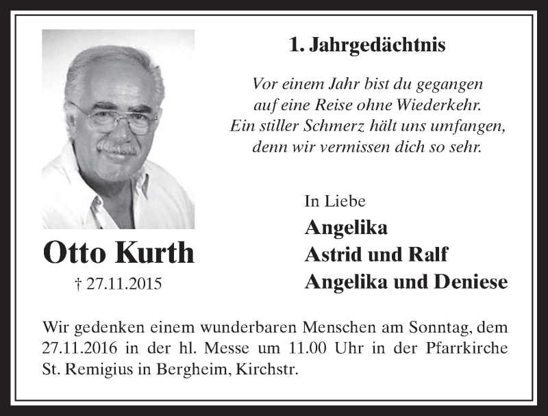  Traueranzeige für Otto Kurth vom 23.11.2016 aus  Werbepost 