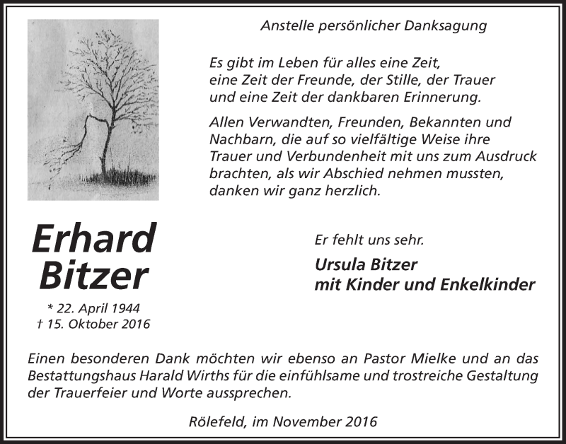  Traueranzeige für Erhard Bitzer vom 30.11.2016 aus  Lokalanzeiger 