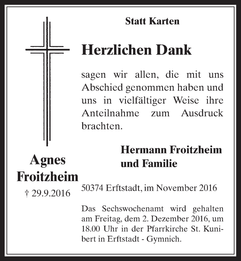  Traueranzeige für Agnes Froitzheim vom 30.11.2016 aus  Werbepost 