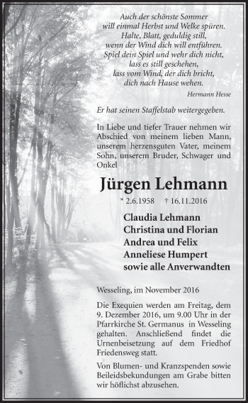Anzeige von Jürgen Lehmann von  Schlossbote/Werbekurier 