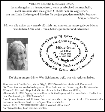 Anzeige von Hilde Gatz von Kölner Stadt-Anzeiger / Kölnische Rundschau / Express