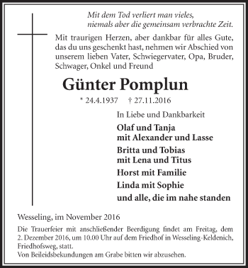 Anzeige von Günter Pomplun von  Schlossbote/Werbekurier 