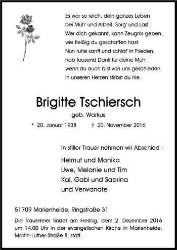 Anzeige von Brigitte Tschiersch von  Anzeigen Echo 