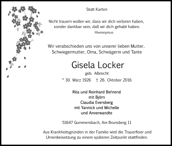 Anzeige von Gisela Locker von Kölner Stadt-Anzeiger / Kölnische Rundschau / Express