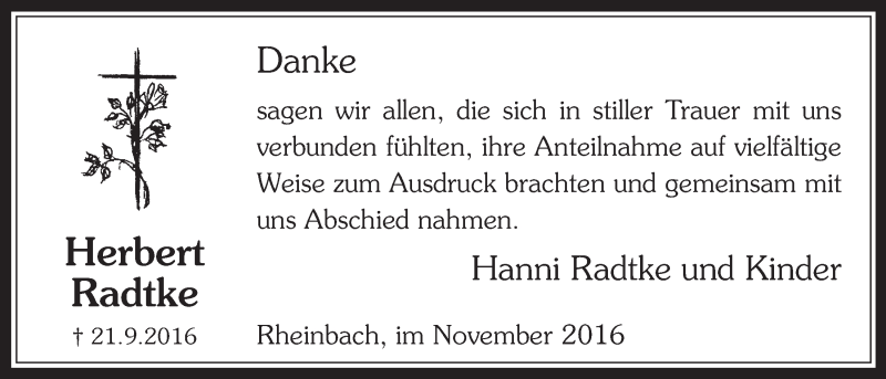  Traueranzeige für Herbert Radtke vom 02.11.2016 aus  Schaufenster/Blickpunkt 