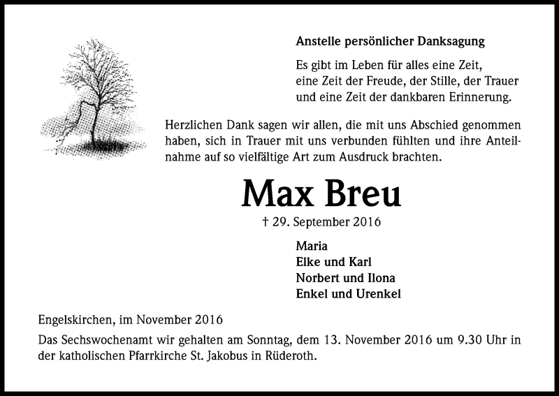  Traueranzeige für Max Breu vom 05.11.2016 aus Kölner Stadt-Anzeiger / Kölnische Rundschau / Express