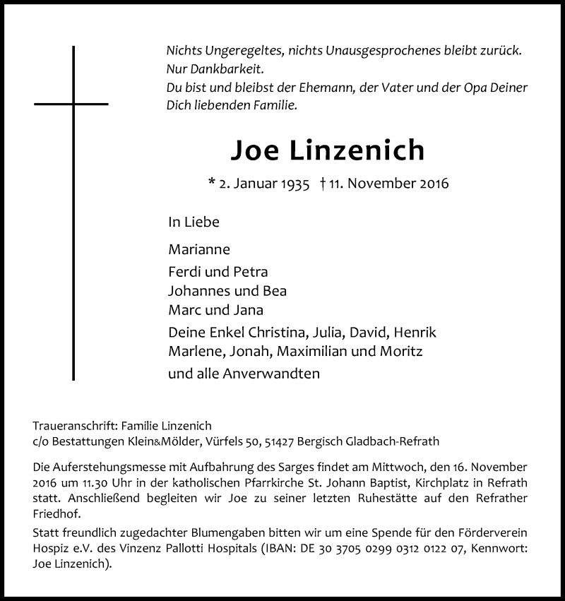 Traueranzeige für Joe Linzenich vom 14.11.2016 aus Kölner Stadt-Anzeiger / Kölnische Rundschau / Express