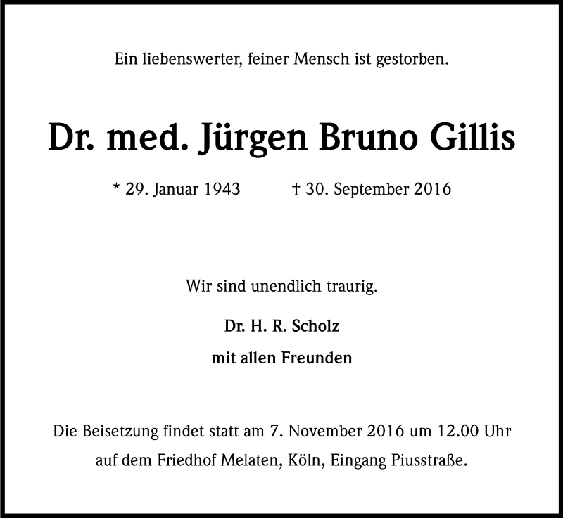 Traueranzeige für Jürgen Bruno Gillis vom 05.11.2016 aus Kölner Stadt-Anzeiger / Kölnische Rundschau / Express