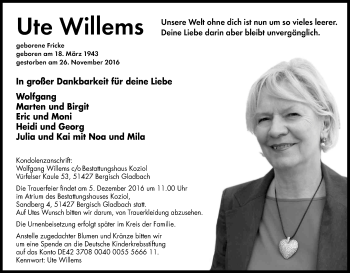 Anzeige von Ute Willems von Kölner Stadt-Anzeiger / Kölnische Rundschau / Express