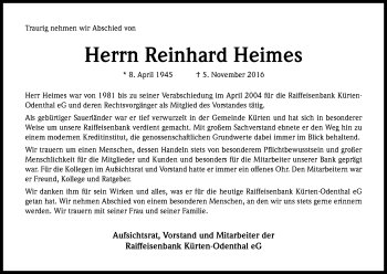 Anzeige von Reinhard Heimes von Kölner Stadt-Anzeiger / Kölnische Rundschau / Express