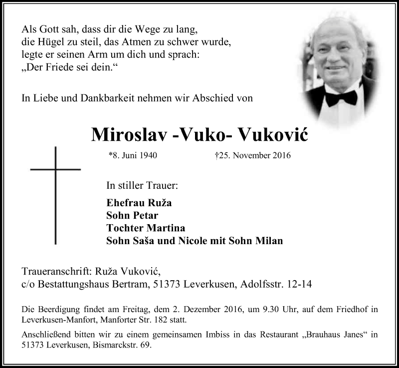  Traueranzeige für Miroslav Vukovic vom 30.11.2016 aus Kölner Stadt-Anzeiger / Kölnische Rundschau / Express