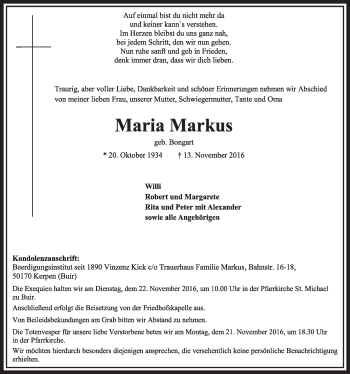 Anzeige von Maria Markus von  Sonntags-Post 