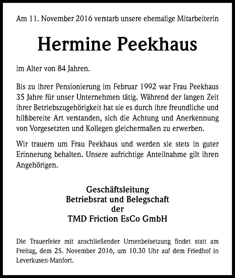  Traueranzeige für Hermine Peekhaus vom 21.11.2016 aus Kölner Stadt-Anzeiger / Kölnische Rundschau / Express