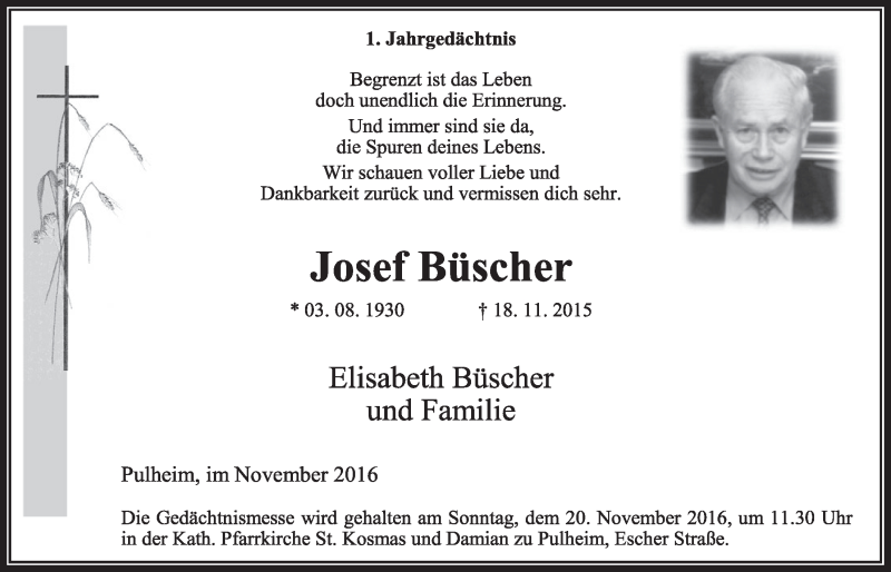  Traueranzeige für Josef Büscher vom 12.11.2016 aus  Sonntags-Post 