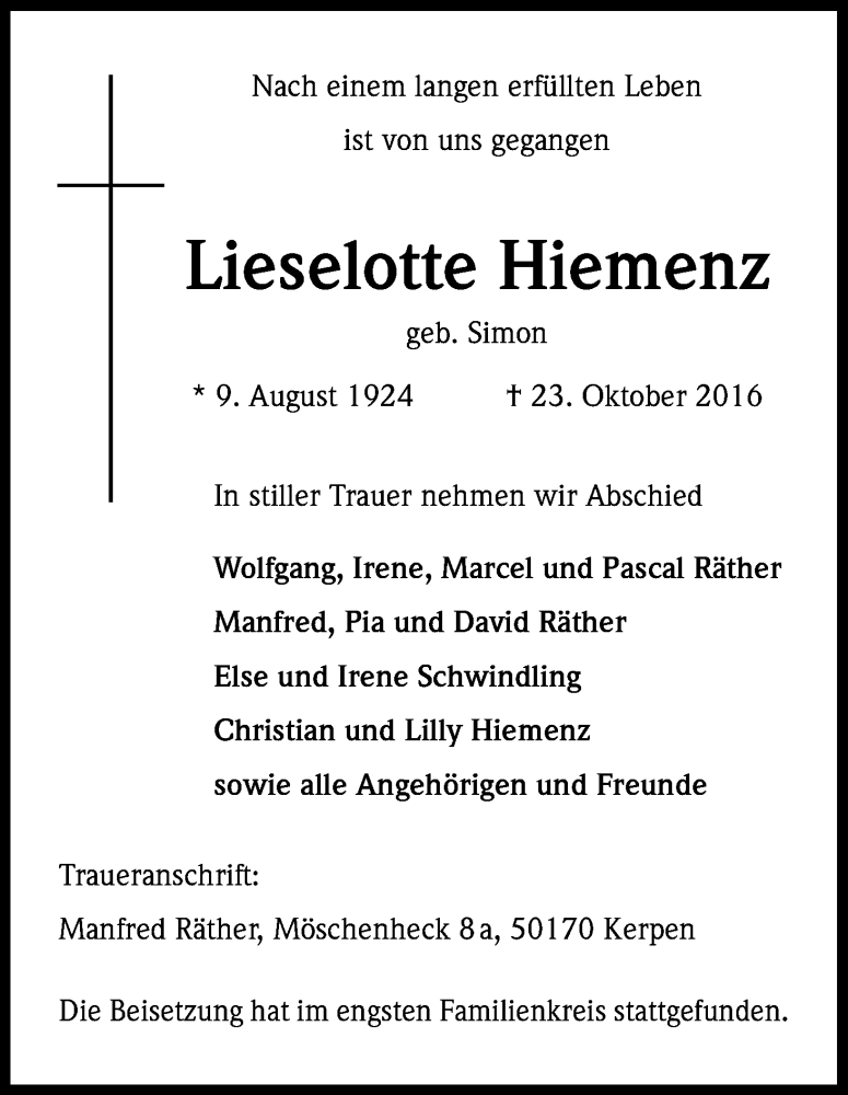  Traueranzeige für Lieselotte Hiemenz vom 09.11.2016 aus Kölner Stadt-Anzeiger / Kölnische Rundschau / Express