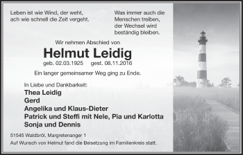 Anzeige von Helmut Leidig von  Lokalanzeiger 