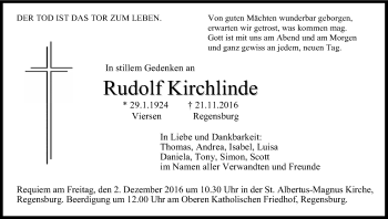 Anzeige von Rudolf Kirchlinde von Kölner Stadt-Anzeiger / Kölnische Rundschau / Express