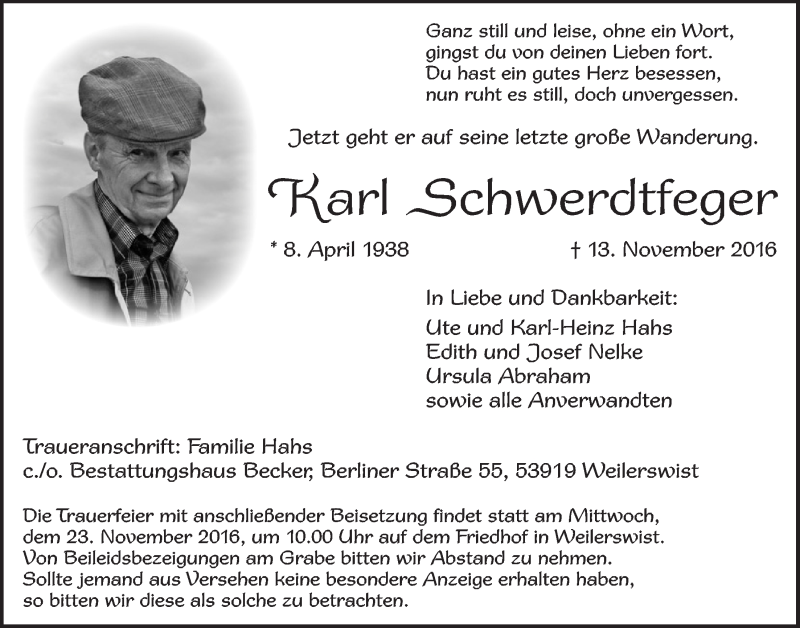  Traueranzeige für Karl Schwerdtfeger vom 19.11.2016 aus  Blickpunkt Euskirchen 