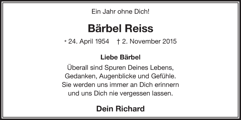  Traueranzeige für Bärbel Reiss vom 02.11.2016 aus  Lokalanzeiger 