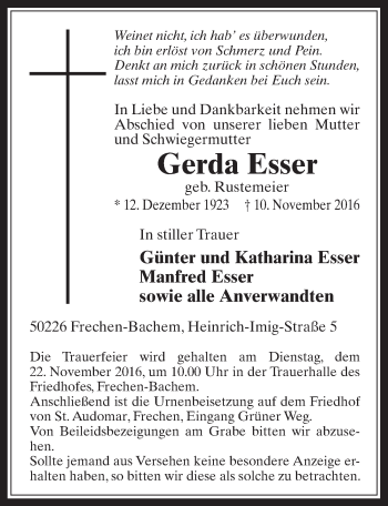 Anzeige von Gerda Esser von  Wochenende 