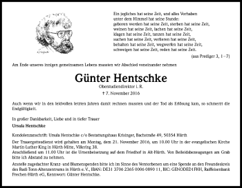 Anzeige von Günter Hentschke von Kölner Stadt-Anzeiger / Kölnische Rundschau / Express