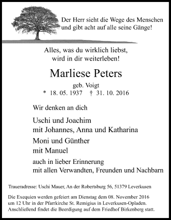 Anzeige von Marliese Peters von Kölner Stadt-Anzeiger / Kölnische Rundschau / Express