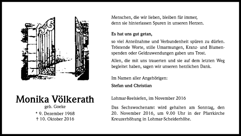  Traueranzeige für Monika Völkerath vom 05.11.2016 aus Kölner Stadt-Anzeiger / Kölnische Rundschau / Express