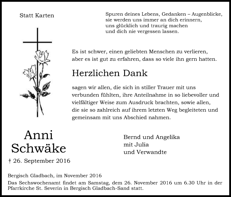  Traueranzeige für Anni Schwäke vom 19.11.2016 aus Kölner Stadt-Anzeiger / Kölnische Rundschau / Express