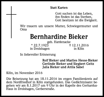 Anzeige von Bernhardine Bieker von Kölner Stadt-Anzeiger / Kölnische Rundschau / Express