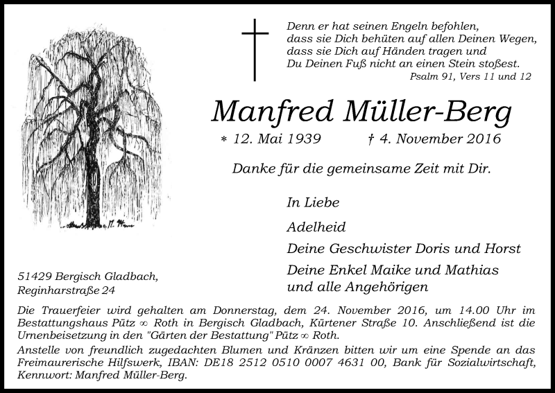  Traueranzeige für Manfred Müller-Berg vom 19.11.2016 aus Kölner Stadt-Anzeiger / Kölnische Rundschau / Express