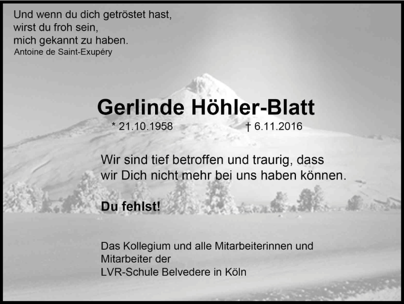  Traueranzeige für Gerlinde Höhler-Blatt vom 12.11.2016 aus Kölner Stadt-Anzeiger / Kölnische Rundschau / Express