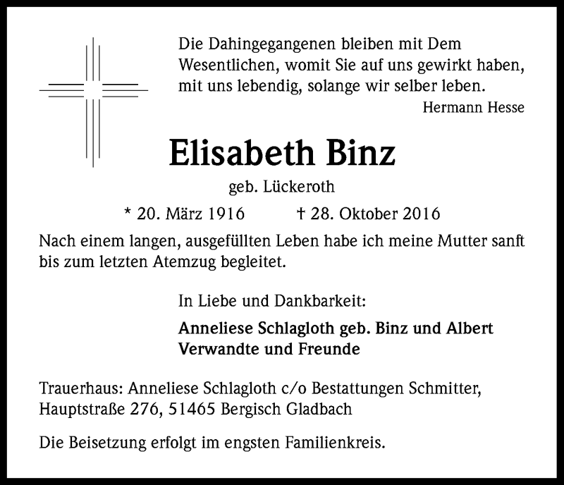  Traueranzeige für Elisabeth Binz vom 05.11.2016 aus Kölner Stadt-Anzeiger / Kölnische Rundschau / Express