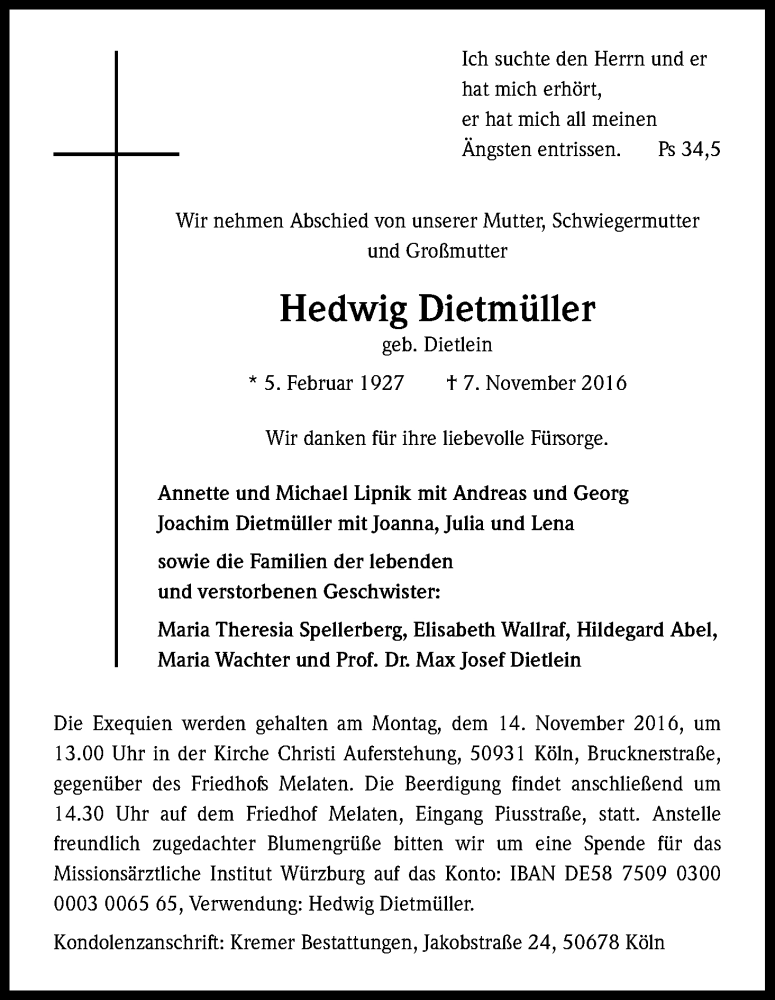  Traueranzeige für Hedwig Dietmüller vom 11.11.2016 aus Kölner Stadt-Anzeiger / Kölnische Rundschau / Express