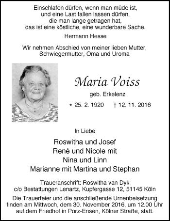 Anzeige von Maria Voiss von  Kölner Wochenspiegel 