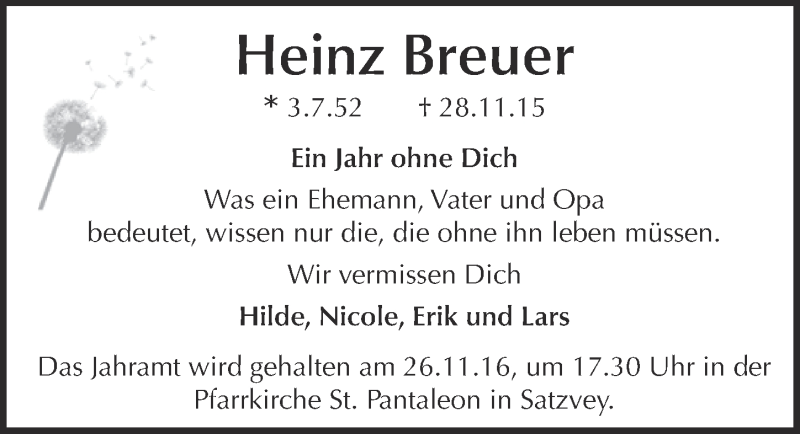  Traueranzeige für Heinz Breuer vom 19.11.2016 aus  Blickpunkt Euskirchen 