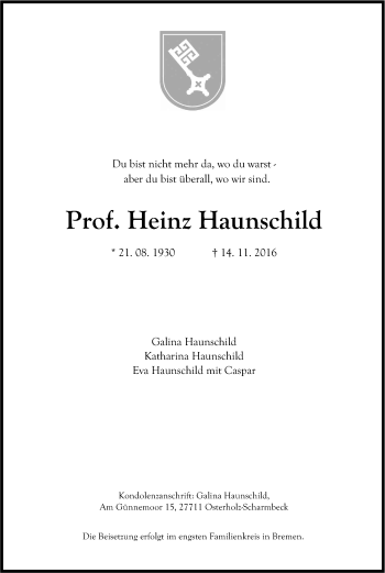 Anzeige von Heinz Haunschild von Kölner Stadt-Anzeiger / Kölnische Rundschau / Express