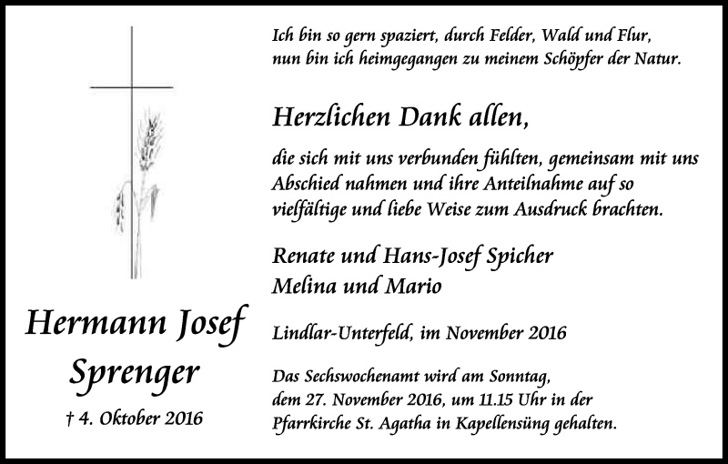  Traueranzeige für Hermann Josef Sprenger vom 19.11.2016 aus Kölner Stadt-Anzeiger / Kölnische Rundschau / Express