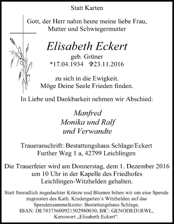 Anzeige von Elisabeth Eckert von Kölner Stadt-Anzeiger / Kölnische Rundschau / Express