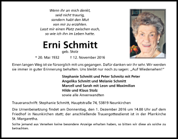 Anzeige von Erni Schmitt von Kölner Stadt-Anzeiger / Kölnische Rundschau / Express