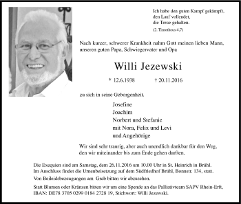 Anzeige von Willi Jezewski von Kölner Stadt-Anzeiger / Kölnische Rundschau / Express