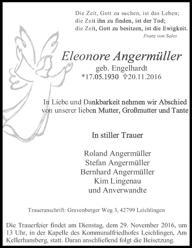  Traueranzeige für Eleonore Angermüller vom 26.11.2016 aus Kölner Stadt-Anzeiger / Kölnische Rundschau / Express