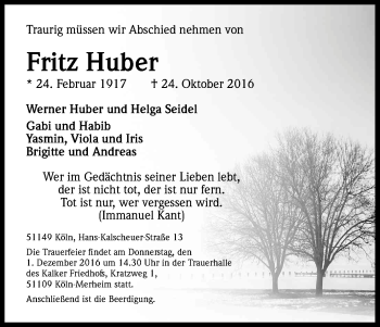 Anzeige von Fritz Huber von Kölner Stadt-Anzeiger / Kölnische Rundschau / Express