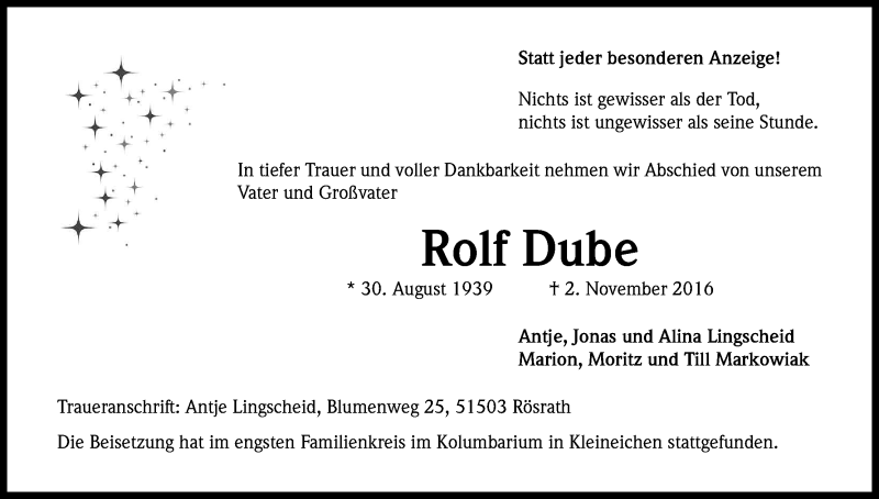  Traueranzeige für Rolf Dube vom 23.11.2016 aus Kölner Stadt-Anzeiger / Kölnische Rundschau / Express