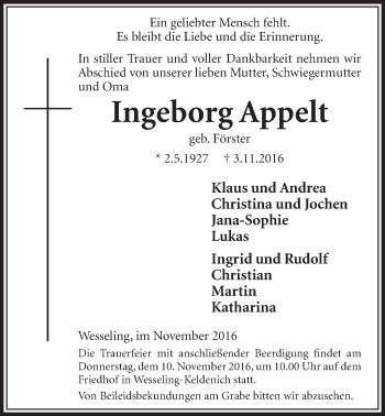 Anzeige von Ingeborg Appelt von  Schlossbote/Werbekurier 