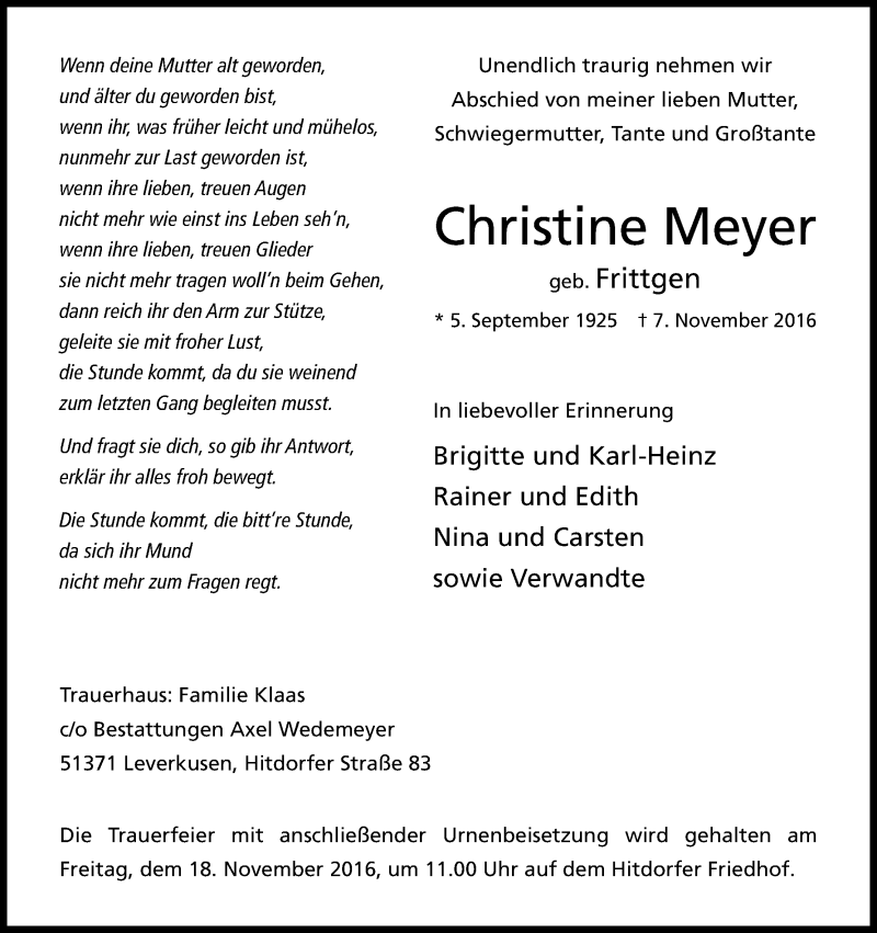  Traueranzeige für Christine Meyer vom 12.11.2016 aus Kölner Stadt-Anzeiger / Kölnische Rundschau / Express