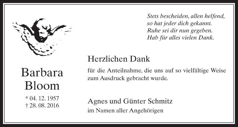  Traueranzeige für Barbara Bloom vom 02.11.2016 aus  Werbepost 