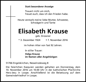 Anzeige von Elisabeth Krause von Kölner Stadt-Anzeiger / Kölnische Rundschau / Express