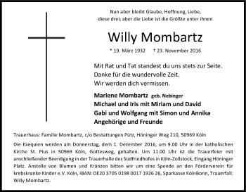 Anzeige von Willy Mombartz von Kölner Stadt-Anzeiger / Kölnische Rundschau / Express