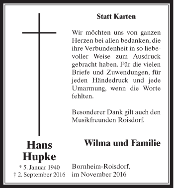 Anzeige von Hans Hupke von  Schaufenster/Blickpunkt 