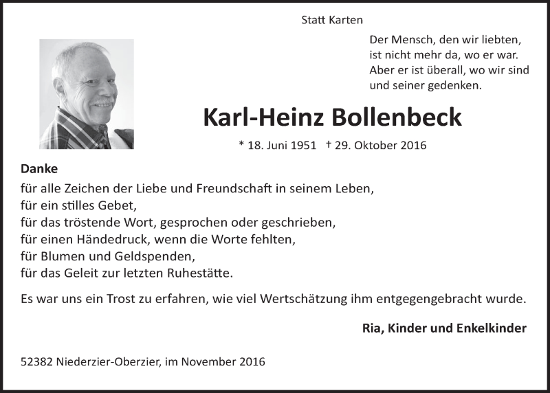  Traueranzeige für Karl-Heinz Bollenbeck vom 30.11.2016 aus  Schlossbote/Werbekurier 